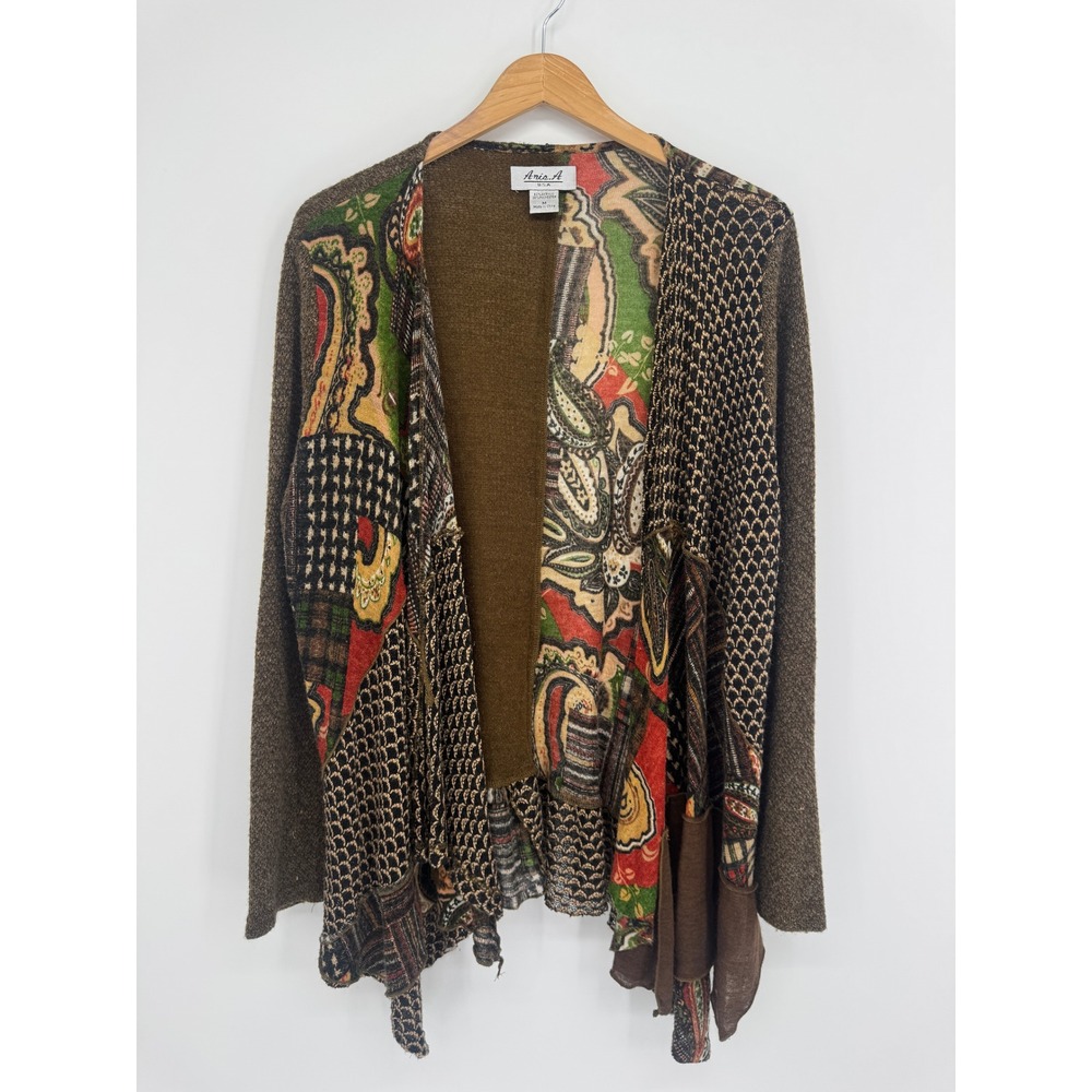 Ania A. Mixed Media Cardigan Women M Boho Patchwork Paisley Open Front Hippie